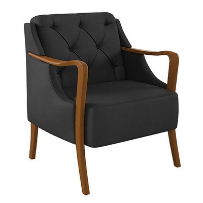 Poltrona Decorativa Braços em Madeira Hand PU Preto - Gran Belo