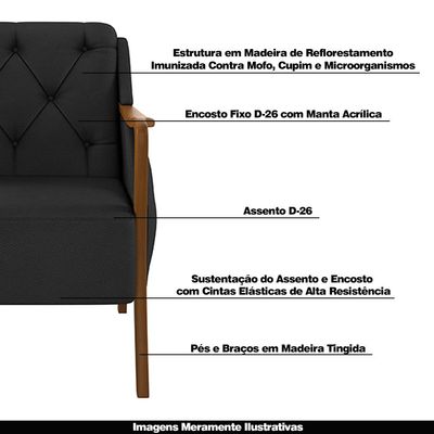 Poltrona Decorativa Braços em Madeira Hand PU Preto - Gran Belo
