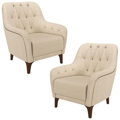 Kit 2 Poltronas Decorativas Pés em Madeira Petra Linho Champagne - Gran Belo