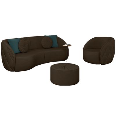 Conjunto Decorativo Sofá 288cm e Poltrona Clarke com Puff Round Veludo Marrom - Gran Belo