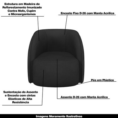 Conjunto Decorativo Sofá 240cm e Poltrona Clarke com Puff Round PU Preto - Gran Belo