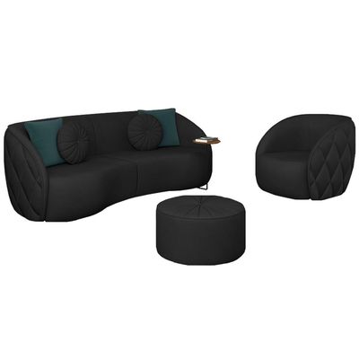 Conjunto Decorativo Sofá 240cm e Poltrona Clarke com Puff Round PU Preto - Gran Belo