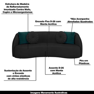 Conjunto Decorativo Sofá 240cm e Poltrona Clarke com Puff Round PU Preto - Gran Belo