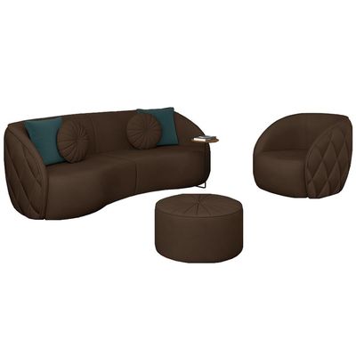 Conjunto Decorativo Sofá 240cm e Poltrona Clarke com Puff Round PU Marrom - Gran Belo