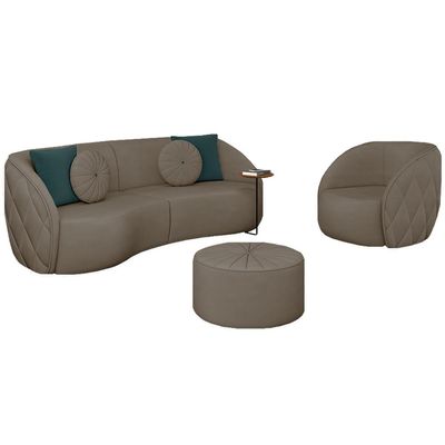Conjunto Decorativo Sofá 288cm e Poltrona Clarke com Puff Round Veludo Bege - Gran Belo