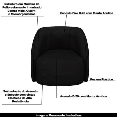 Conjunto Decorativo Sofá 240cm e Poltrona Clarke com Puff Round Veludo Preto - Gran Belo