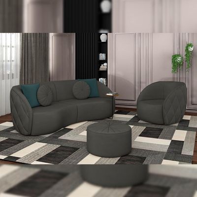 Sofá Decorativo 288cm com Almofadas Redondas Clarke Veludo Cinza - Gran Belo
