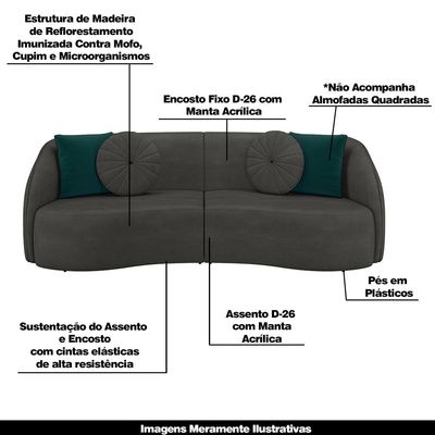 Sofá Decorativo 288cm com Almofadas Redondas Clarke Veludo Cinza - Gran Belo