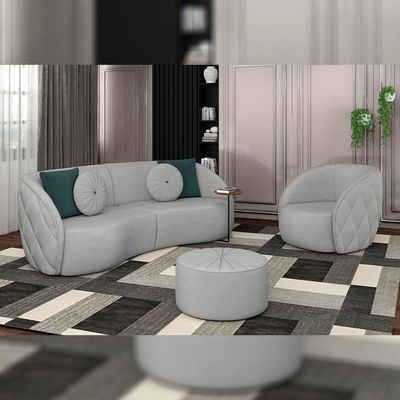 Sofá Decorativo 288cm com Almofadas Redondas Clarke Veludo Cinza Claro - Gran Belo