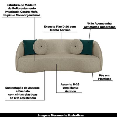 Sofá Decorativo 318cm com Almofadas Redondas Clarke Linho Bege - Gran Belo