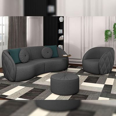 Sofá Decorativo 318cm com Almofadas Redondas Clarke Linho Chumbo - Gran Belo