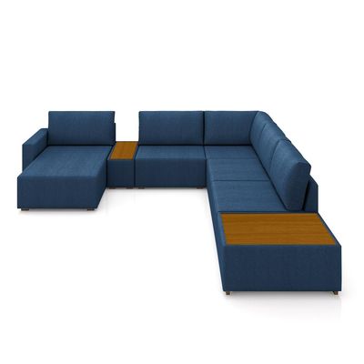 Sofá de Canto Decorativo Sala de Estar 603cm Modulado Takashi com Chaise e Puffs Linho Azul Petróleo G45 - Gran Belo