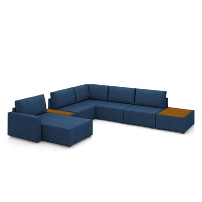 Sofá de Canto Decorativo Sala de Estar 603cm Modulado Takashi com Chaise e Puffs Linho Azul Petróleo G45 - Gran Belo