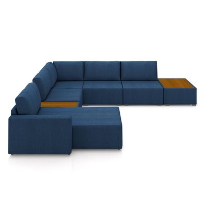 Sofá de Canto Decorativo Sala de Estar 603cm Modulado Takashi com Chaise e Puffs Linho Azul Petróleo G45 - Gran Belo