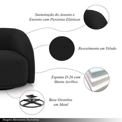 Poltrona Decorativa Jenny Base Giratória em Metal Preto Veludo Preto G45 - Gran Belo