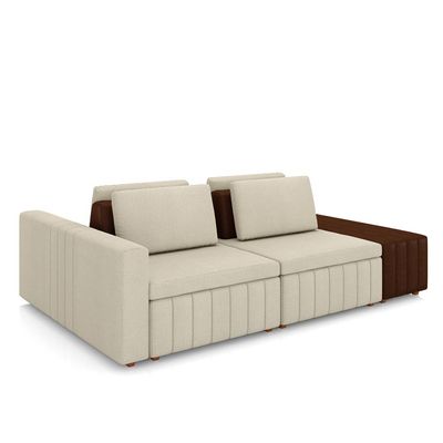 Sofá Ilha com Encosto e Almofadas Móveis Olimpo 265cm Modulado Linho/PU Bege/Marrom G45 - Gran Belo