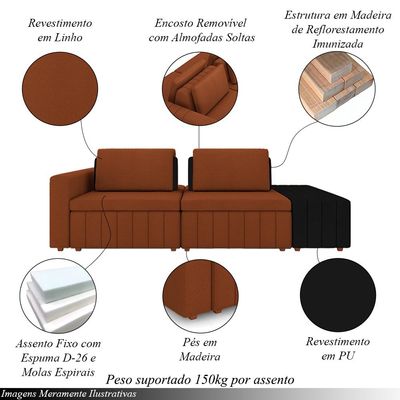 Sofá Ilha com Encosto e Almofadas Móveis Olimpo 265cm Modulado Linho/PU Terracota/Preto G45 - Gran Belo