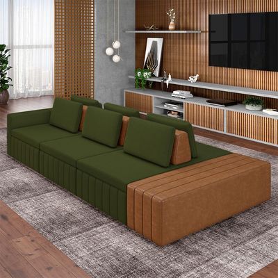 Sofá Ilha com Encosto e Almofadas Móveis Olimpo 335cm Modulado Linho/PU Verde/Caramelo G45 - Gran Belo