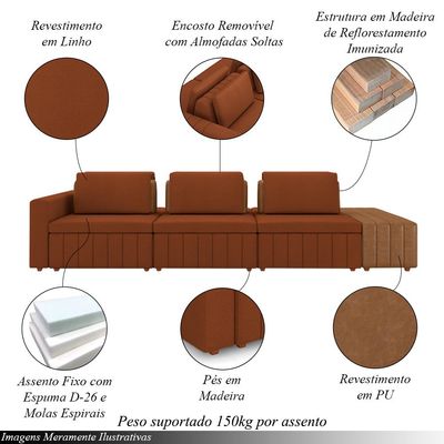 Sofá Ilha com Encosto e Almofadas Móveis Olimpo 365cm Modulado Linho/PU Terracota/Caramelo G45 - Gran Belo