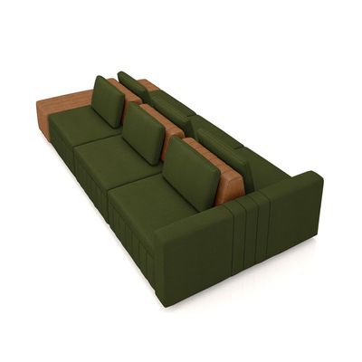Sofá Ilha com Encosto e Almofadas Móveis Olimpo 365cm Modulado Linho/PU Verde/Caramelo G45 - Gran Belo