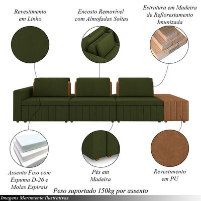 Sofá Ilha com Encosto e Almofadas Móveis Olimpo 395cm Modulado Linho/PU Verde/Caramelo G45 - Gran Belo