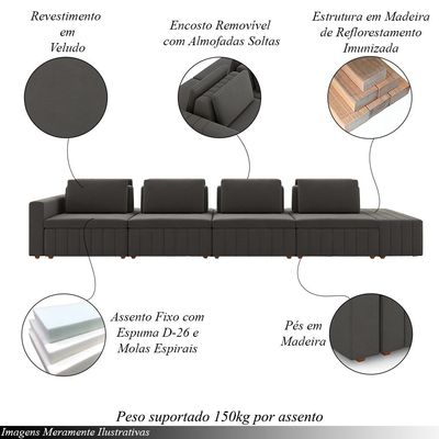 Sofá Ilha com Encosto e Almofadas Móveis Olimpo 425cm Modulado Veludo Grafite G45 - Gran Belo