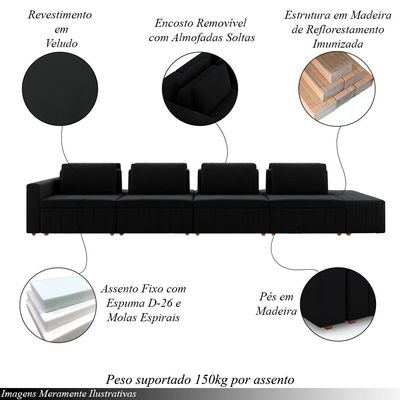 Sofá Ilha com Encosto e Almofadas Móveis Olimpo 465cm Modulado Veludo Preto G45 - Gran Belo