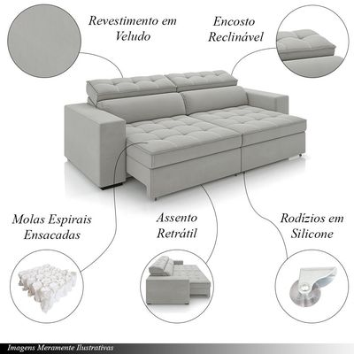 Sofá Decorativo Hugo 3 Lugares 246cm Reclinável e Retrátil Veludo Cinza Claro G45 - Gran Belo