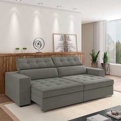 Sofá Decorativo Hugo 3 Lugares 246cm Reclinável e Retrátil Veludo Cinza G45 - Gran Belo