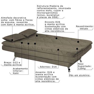 Sofá Cama Sala de Estar 193cm Belinda com Pés Alumínio Veludo Marrom Claro - Gran Belo