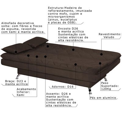 Sofá Cama Sala de Estar 193cm Belinda com Pés Alumínio Veludo Marrom - Gran Belo