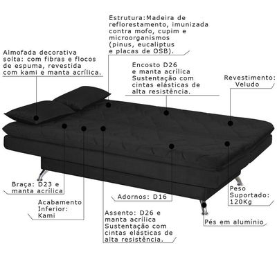 Sofá Cama Sala de Estar 193cm Belinda com Pés Alumínio Veludo Preto - Gran Belo