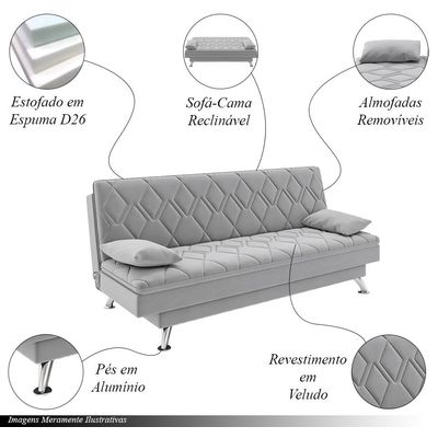 Sofá Cama Sala de Estar 193cm Belinda com Pés Alumínio Veludo Cinza Claro G45 - Gran Belo