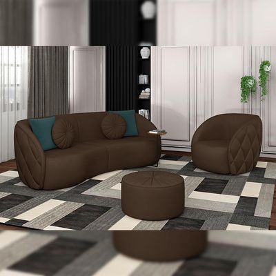 Kit 2 Puffs Decorativos Sala De Estar Round PU Marrom - Gran Belo