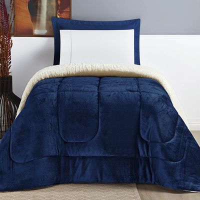 Coberdrom Diamond Solteiro Sherpa Com Manta Flannel 01 Peça - Azul Marinho