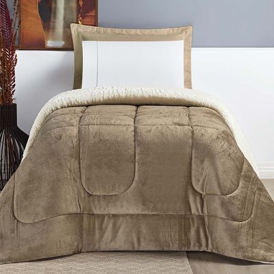 Coberdrom Diamond Solteiro Sherpa Com Manta Flannel 01 Peça - Cáqui