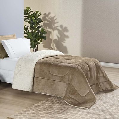 Coberdrom Diamond Solteiro Sherpa Com Manta Flannel 01 Peça - Cáqui