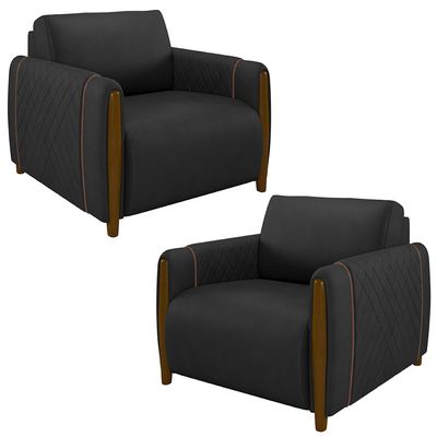 Kit 2 Poltronas Decorativas Pés Madeira Maceió PU Preto - Gran Belo
