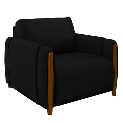 Poltrona Decorativa Pés Madeira Maceió Veludo Preto - Gran Belo