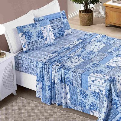 Jogo de Cama Lençol Casal Queen 04 Peças Microfibra Estampada Ayla - Azul Sereno