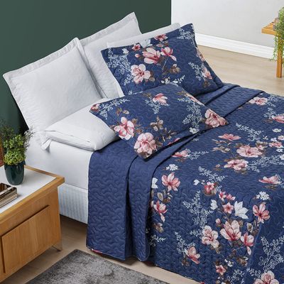 Kit Cobre Leito Colcha Júlia Padrão 03 Peças MicroPercal 200 Fios DuplaFace Estampa Floral - Encantada