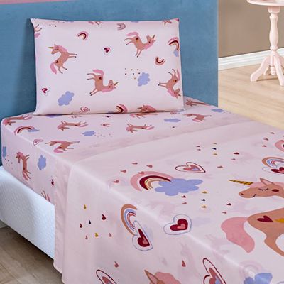 Jogo de Cama Lençol Carrosel Solteiro 03 Peças Infantil Estampado Divertido - Unicórnio