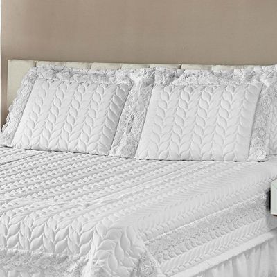 Kit Cobre Leito Colcha Romance King 5 Peças MicroPercal 200 Fios Matelado Costurado Renda - Branco
