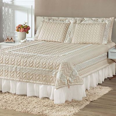 Kit Cobre Leito Colcha Romance King 5 Peças MicroPercal 200 Fios Matelado Costurado Renda - Palha