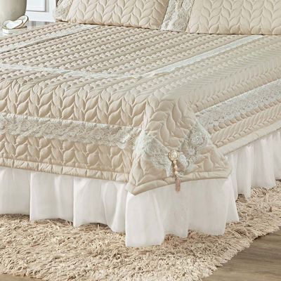 Kit Cobre Leito Colcha Romance King 5 Peças MicroPercal 200 Fios Matelado Costurado Renda - Palha