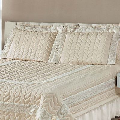 Kit Cobre Leito Colcha Romance King 5 Peças MicroPercal 200 Fios Matelado Costurado Renda - Palha