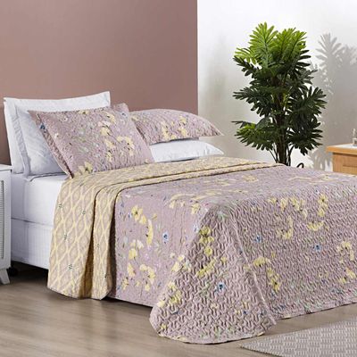 Kit Colcha Ayla Casal King Tecido Dupla Face Microfibra 03 Peças - Lavanda Floral