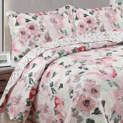 Kit Cobre Leito Colcha Daily King 3 Peças Dupla Face Estampado Floral - Sirlene Palha