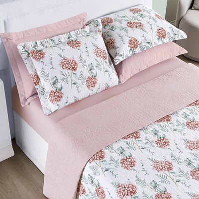 Kit Cobre Leito Colcha Maggy King 3 Peças Dupla Face Percale 200 Fios - Hortencia Floral Rosa
