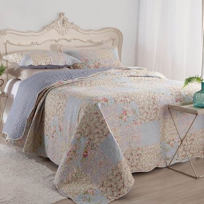 Kit Cobre Leito Colcha Daily King 3 Peças Dupla Face Estampado Floral - Patchwork 14